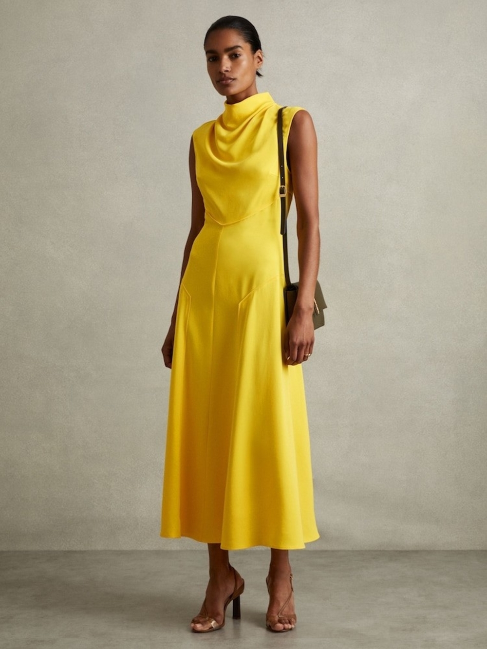 BNWT Reiss Georgina Cowl Neck Sleeveless Yellow Midi Dress Size 10
